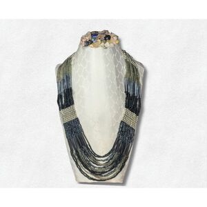 Multi-Strand Seed Bead Necklace Black Olive Silver Boho Fringe Bib 26" Earthy